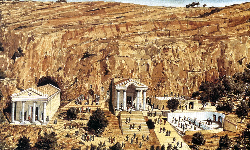 上图:该撒利亚腓立比的艺术想象图,从左到右依次是:大希律所建供奉罗马凯撒奥古斯都皇帝的大理石庙(后面是潘神洞),供奉希腊牧羊神潘Pan和宁芙众仙女Nymphs的广场,供奉希腊众神之王宙斯Zeus的大理石庙,供奉希腊涅墨西斯Nemesis复仇女神的神龛,献祭山羊的墓庙,潘神和跳舞山羊的庙。岩壁上还刻了许多供奉其他偶像的神龛。主耶稣特意带领门徒从迦百农跋涉60多公里山路来到这里,为要在这偶像庙宇中间问众门徒:「你们说我是谁?」(太十六15)。