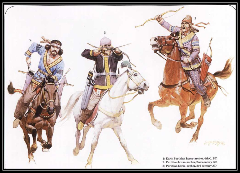 上图:帕提亚骑射兵。崛起于波斯帕提亚的安息帝国与罗马帝国、贵霜帝国、中国汉朝并称欧亚大陆四大帝国,是初期教会时代唯一能与罗马帝国抗衡的强敌。