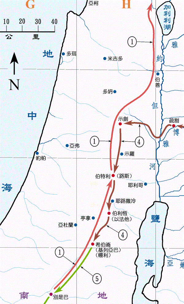 上图:雅各所走的是南北纵贯迦南中部山地的山脊大道,由别是巴向北,经过希伯仑、伯特利、示剑。