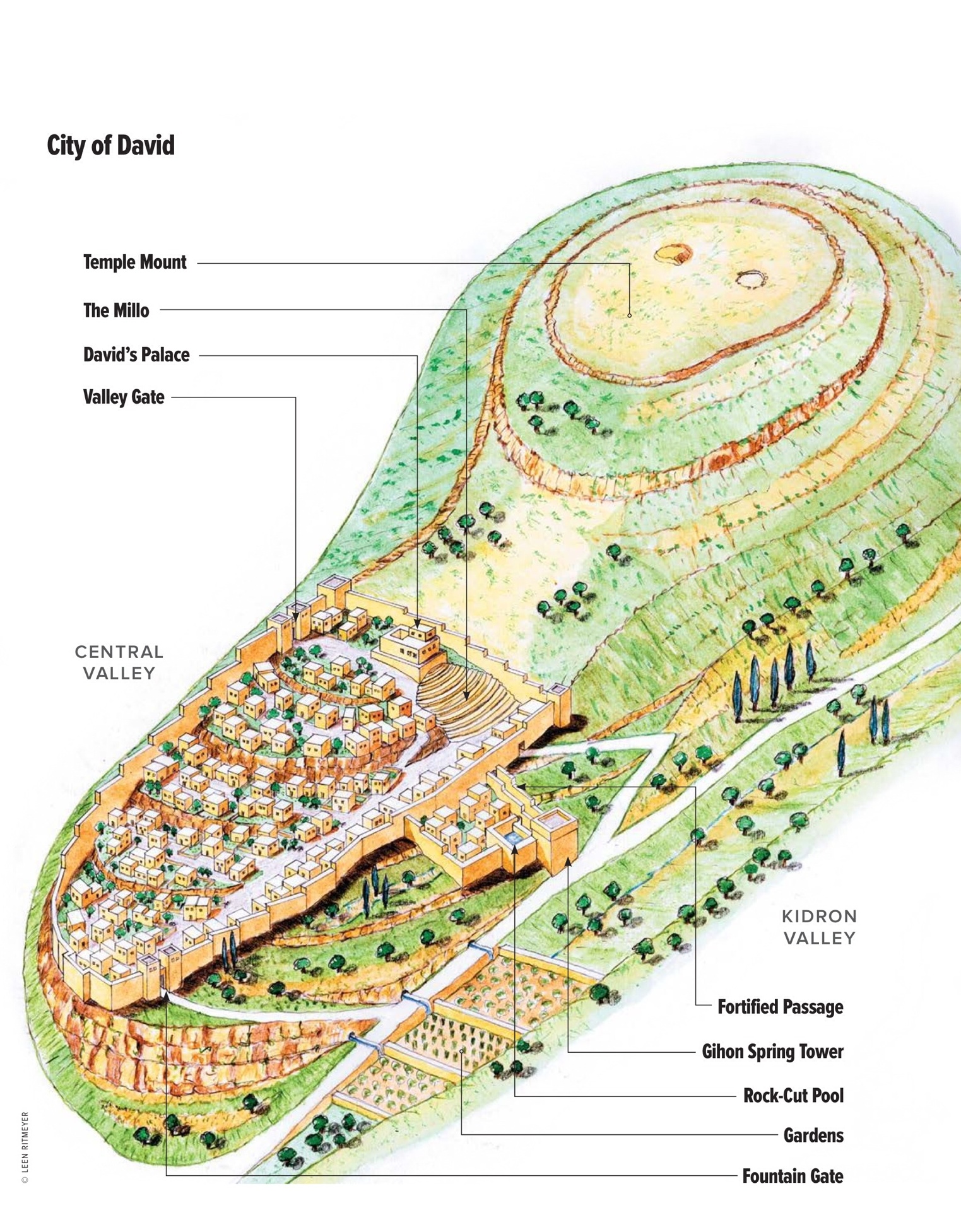 上图:大卫时代的锡安——大卫城——示意图。当时还没有建圣殿。大卫购得了右上方的耶布斯人亚劳拿的禾场「为耶和华筑了一座坛」(撒下二十四24-25),后来所罗门在此建造了圣殿,被称为圣殿山。