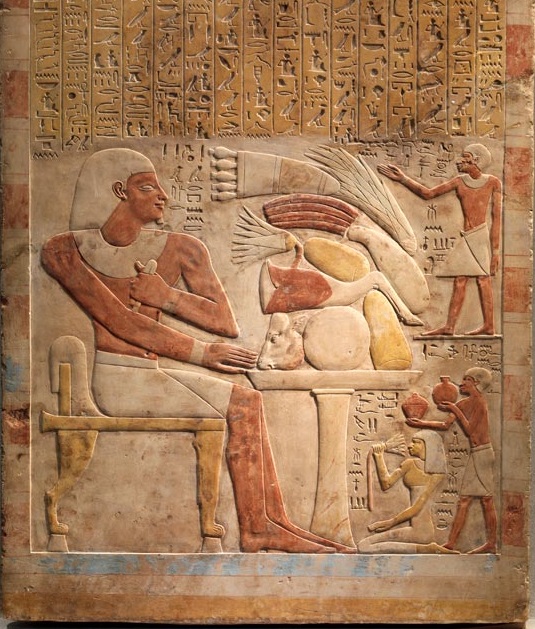 上图:古埃及第十二王朝辛努塞尔特一世(Senwosret I,主前1971–1926年)的管家墓葬的石碑(Stela of the Steward Mentuwoser),现藏于纽约大都会艺术博物馆。主人盼望在阴间还能享用筵席。