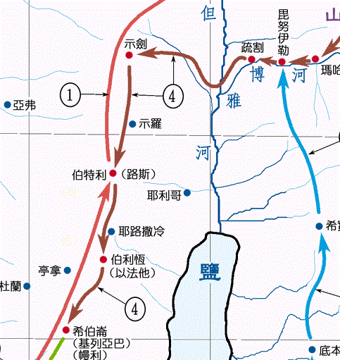 上图:雅各从示剑沿迦南中央山地的道路向南,经过伯特利、以法他(伯利恒),回到希伯伦。