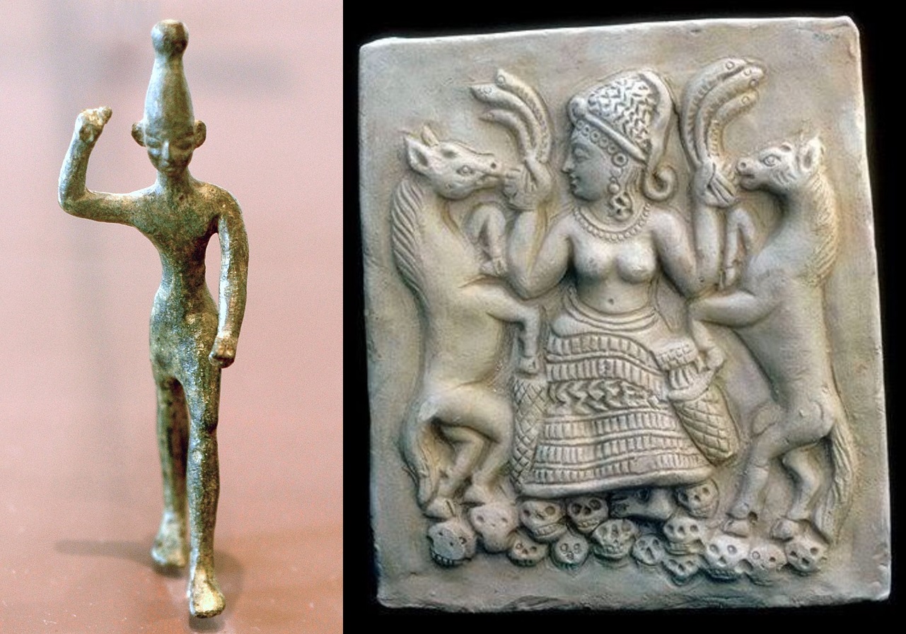 上图:巴力和亚纳特。在迦南的宗教中,巴力(Baal)是雨水与农作物的神,每年的雨季就是巴力战胜大水与海洋带来的雨水,旱季就是巴力被死亡与干旱之神摩特(Mot)杀害。而巴力的配偶亚纳特(Anath)把摩特打败之后,巴力又复活,重新带给大地雨水。迦南人认为秋季的雨量与春季的作物发芽,都是因为巴力与其配偶交合所带来的繁殖力量。因此,行淫成为巴力崇拜仪式中的重要一环,关系到牲畜的多产、农业的丰收,所以为了促进巴力与其配偶繁殖的力量,迦南人要与神庙中的庙妓行淫。