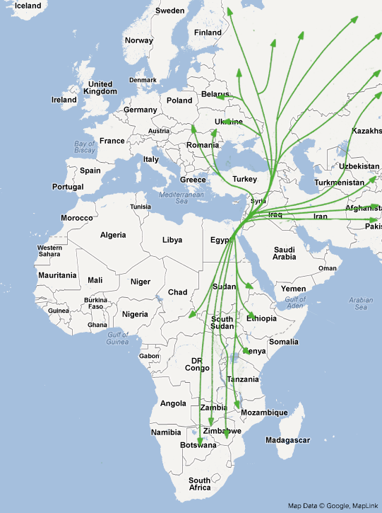 上图:大裂谷飞行路线(The Great Rift Valley Flyway)是鸟类在欧亚大陆和非洲之间的迁徙路线,经过以色列和埃及之间的西奈半岛。这是世界上最重要的鸟类迁徙走廊之一。