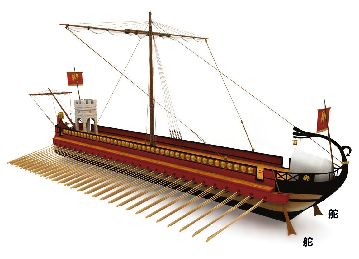 上图:古罗马战船的舵(Rudder),用来操控船只航行方向的装置。古代地中海的船只靠人力或风力推动,舵实际上就是一种船桨。有的固定在船舷的两侧,被称为四分之一船桨(quarter steering oars,因为位置在船身后方的四分之一处);有的安装在船尾,一般是船尾的中心线。