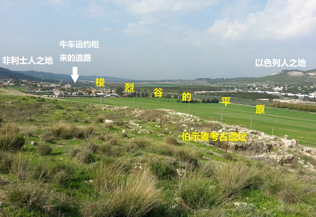 上图:从伯示麦遗址看牛车运约柜来的道路。