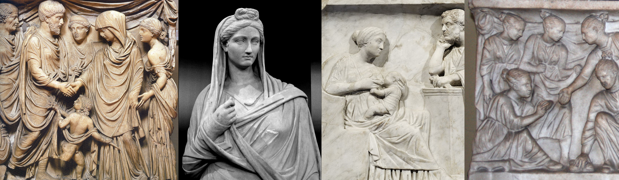 上图:古罗马浮雕上的一系列妇女形象,表明当时希腊罗马妇女并非都必须蒙头。左一是婚礼的场面,其中新娘蒙头,伴娘不蒙头;左二是一位蒙头的已婚妇女;左三是一位不蒙头的哺乳母亲;左四是一群不蒙头的玩耍女孩。