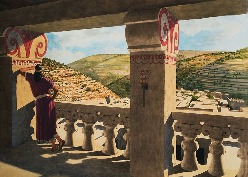 上图:艺术想象图:大卫从床上起来,在王宫的平顶上游行(撒下十一2)。