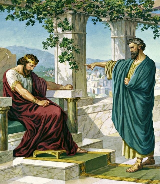 上图:艺术想象图:拿单对大卫说:「你就是那人!」(撒下十二7)。