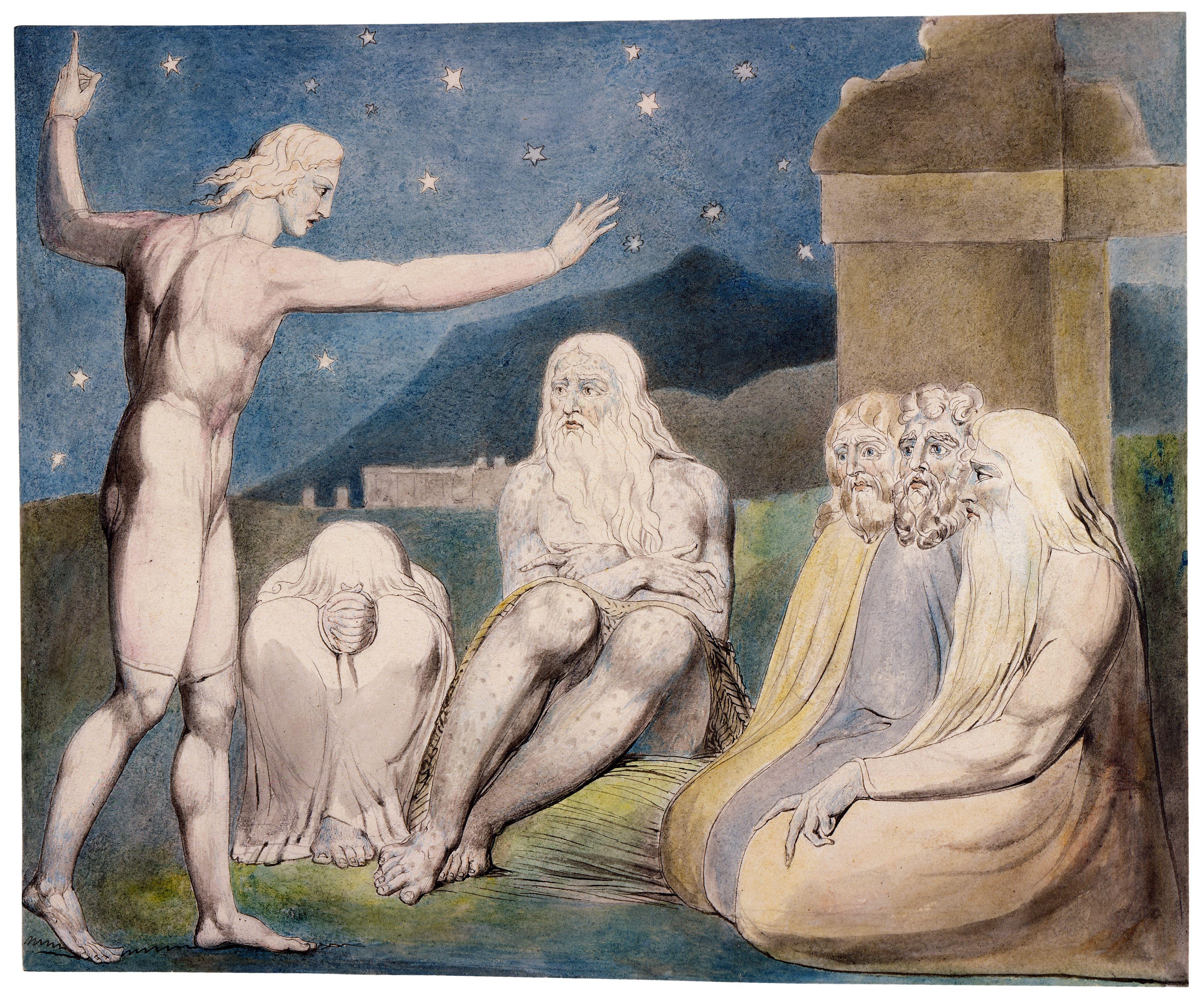 上图:英国诗人、画家威廉·布莱克(William Blake,1757-1827年)的版画《以利户的愤怒 The Wrath of Elihu》,描绘「我年轻,你们老迈;因此我退让」(伯三十二6)。